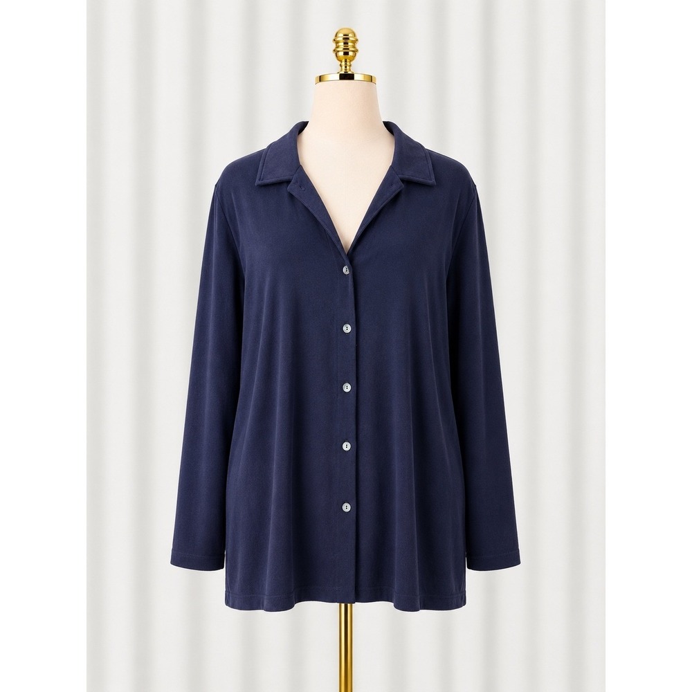 New Chico's Travelers Slinky Jacket Size 2 Large Navy Blue Syd LS Gala Button Up